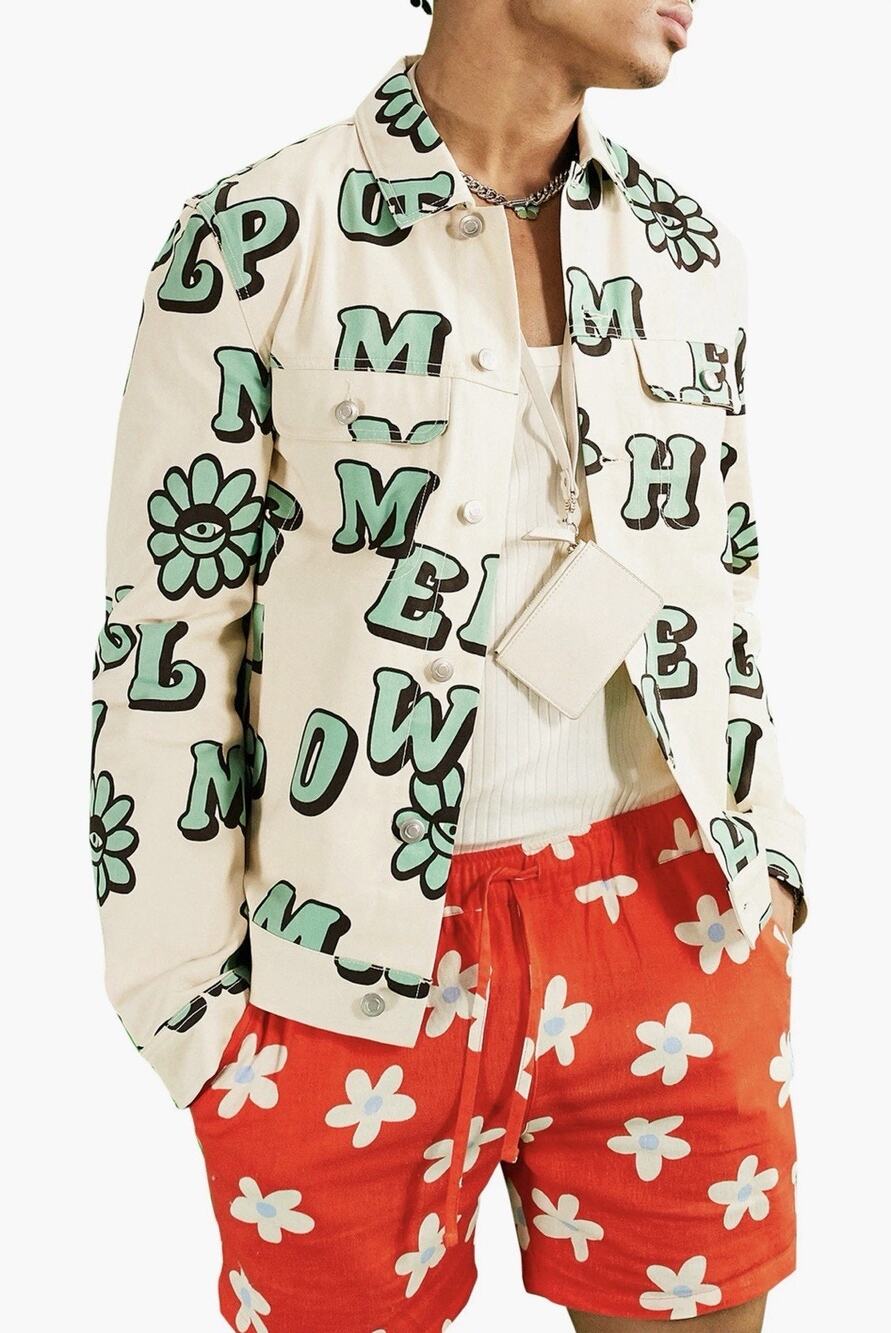 ASOS Cream Green Graphic Design Print Cotton Twill Shirt Jacket Sz Xs